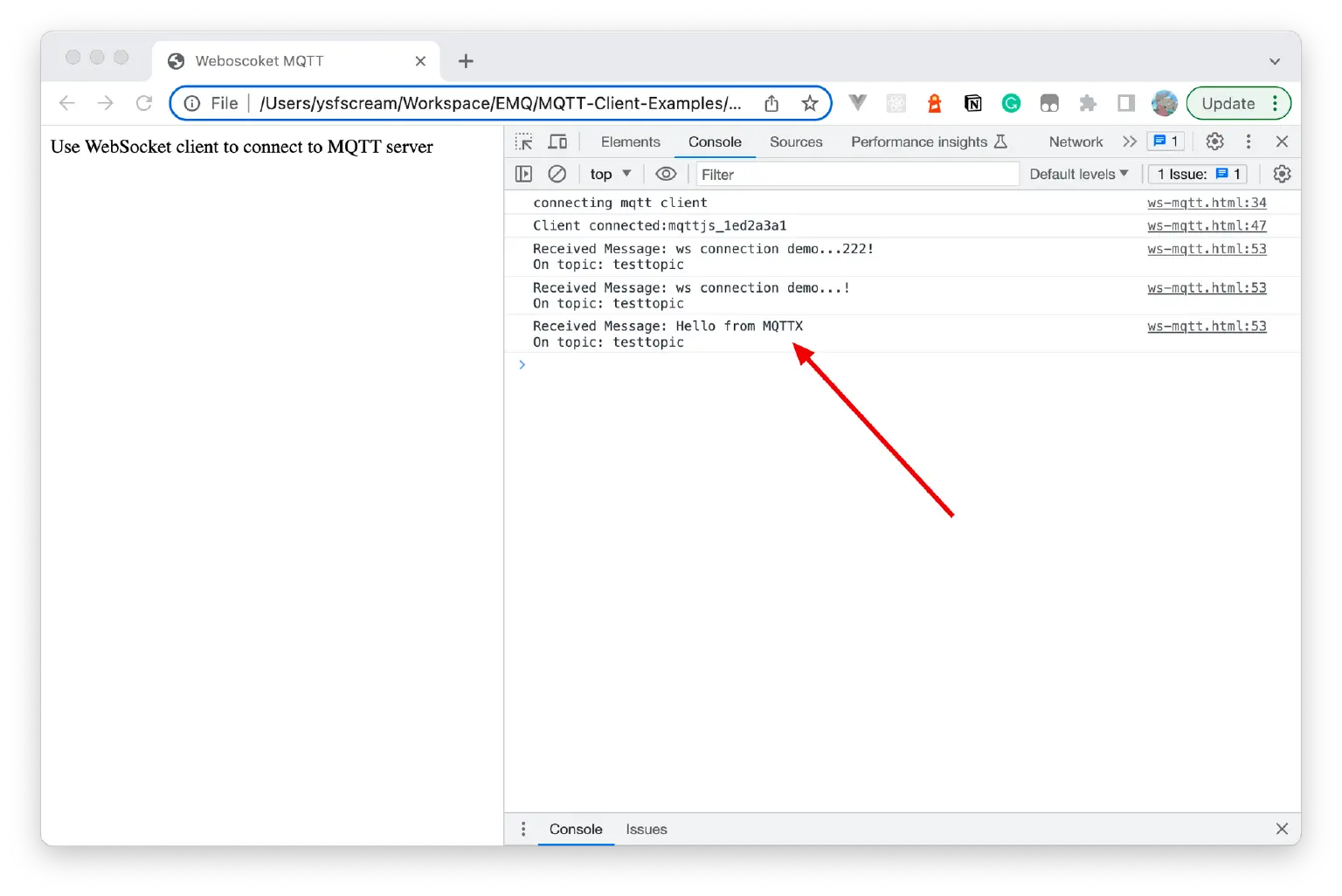 Message being received in the browser console