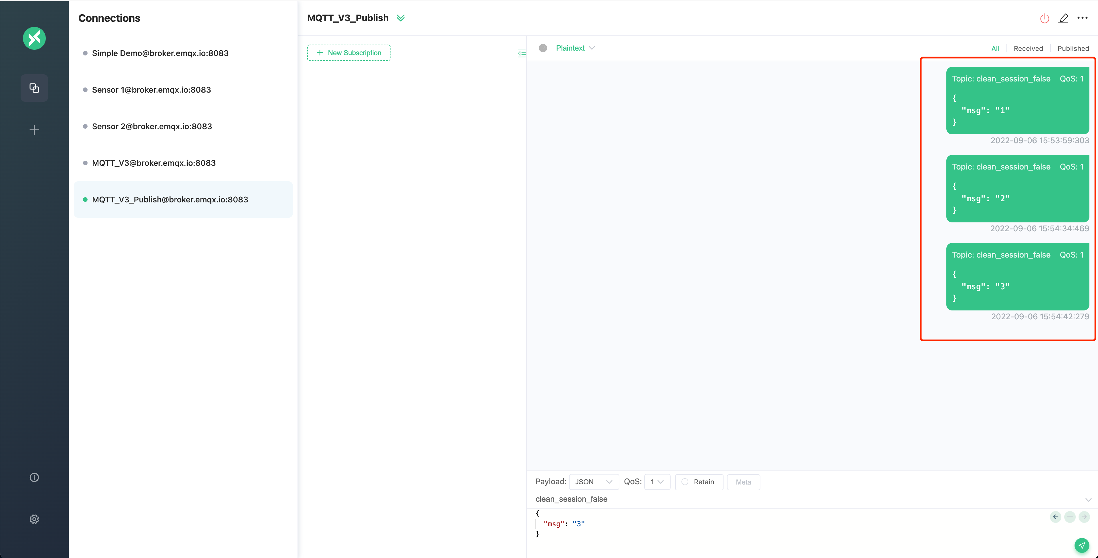 建立一個名為MQTT_V3_Publish 的連接