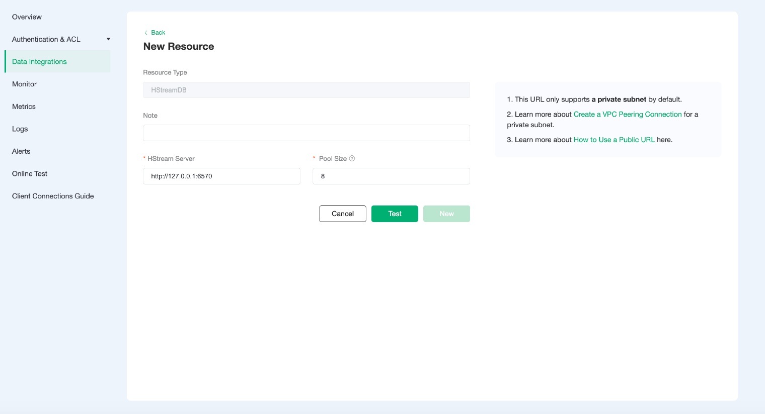 Configuration interface of HStreamDB