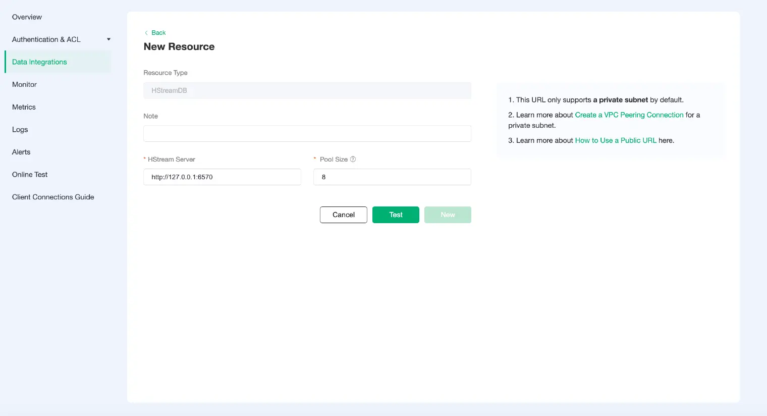 Configuration interface of HStreamDB