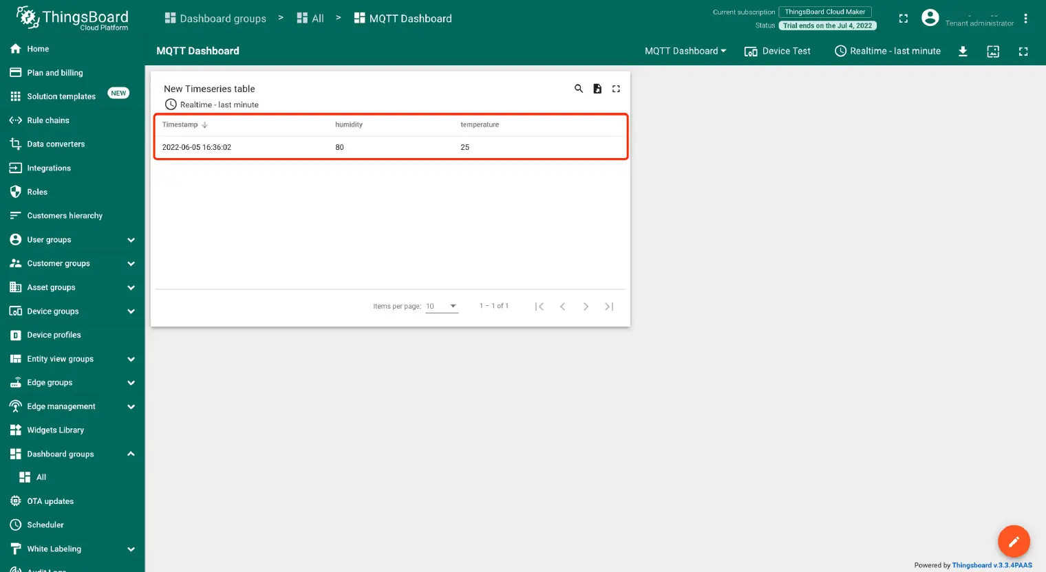 ThingsBoard Timeseries table