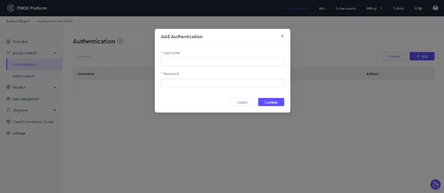 Add username and password for authentication