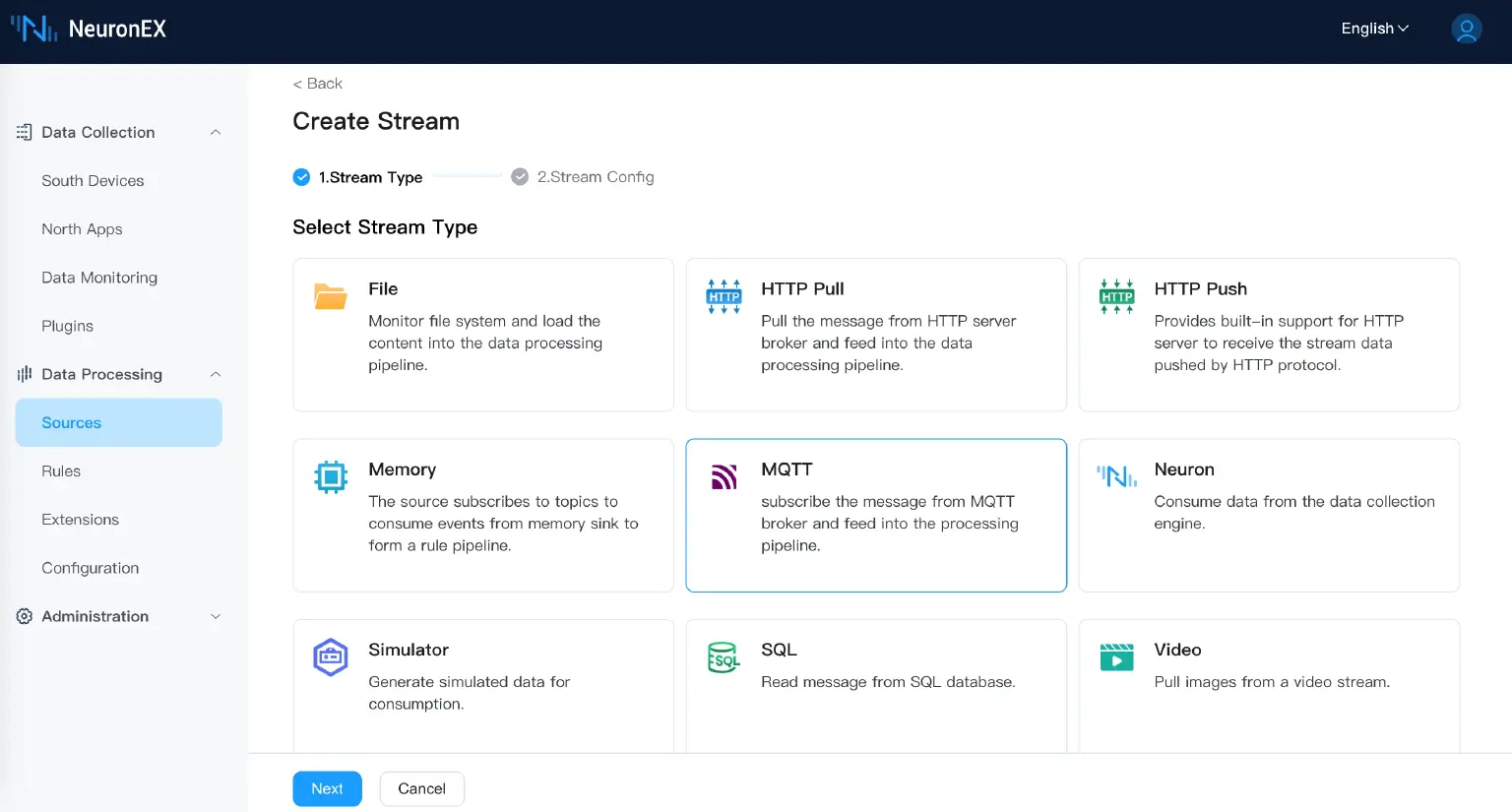 "Stream Config" page