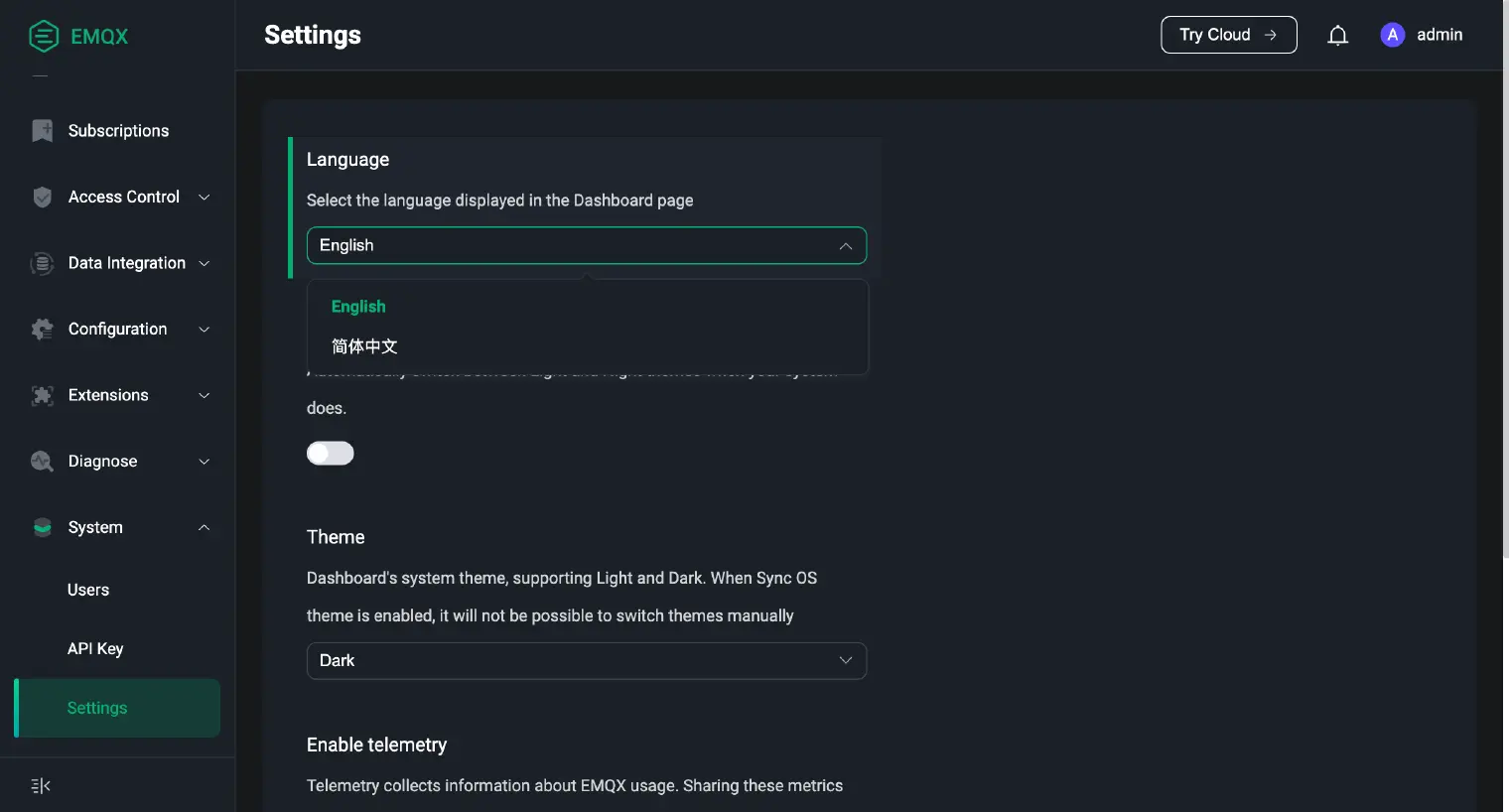 EMQX Dashboard 修改语言