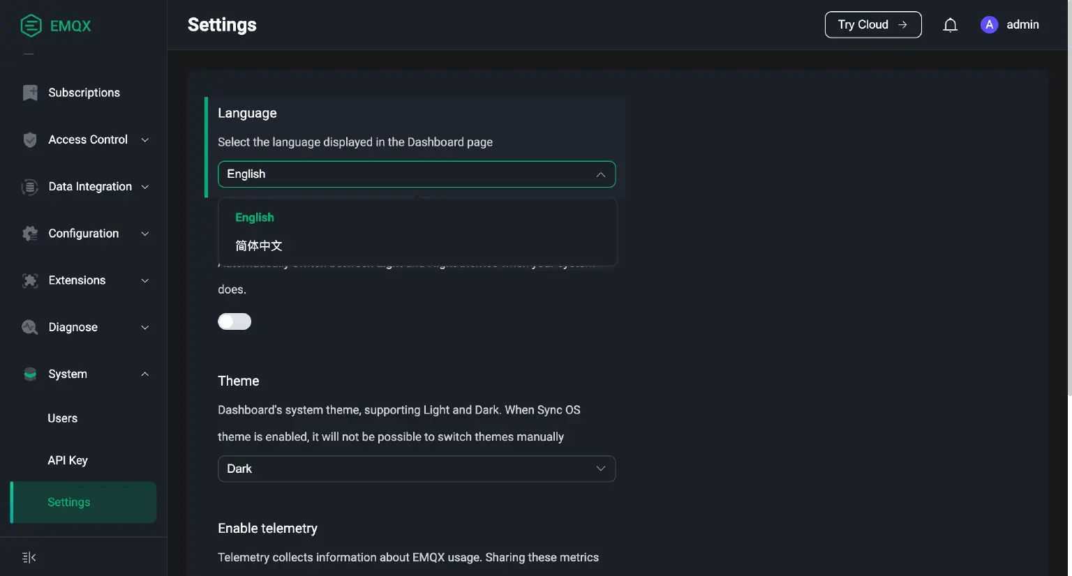 EMQX Dashboard 修改语言