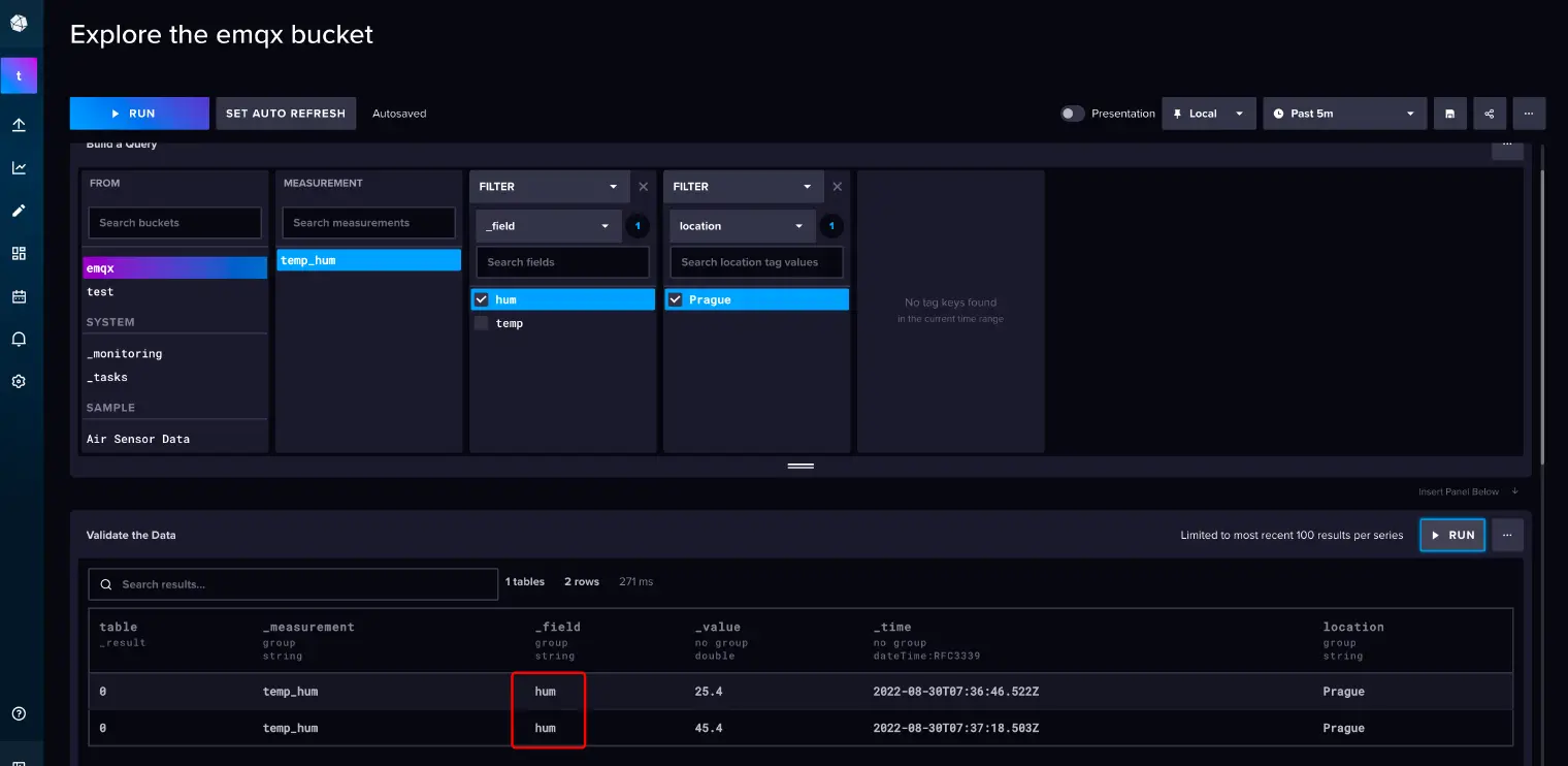 View results in InfluxDB console