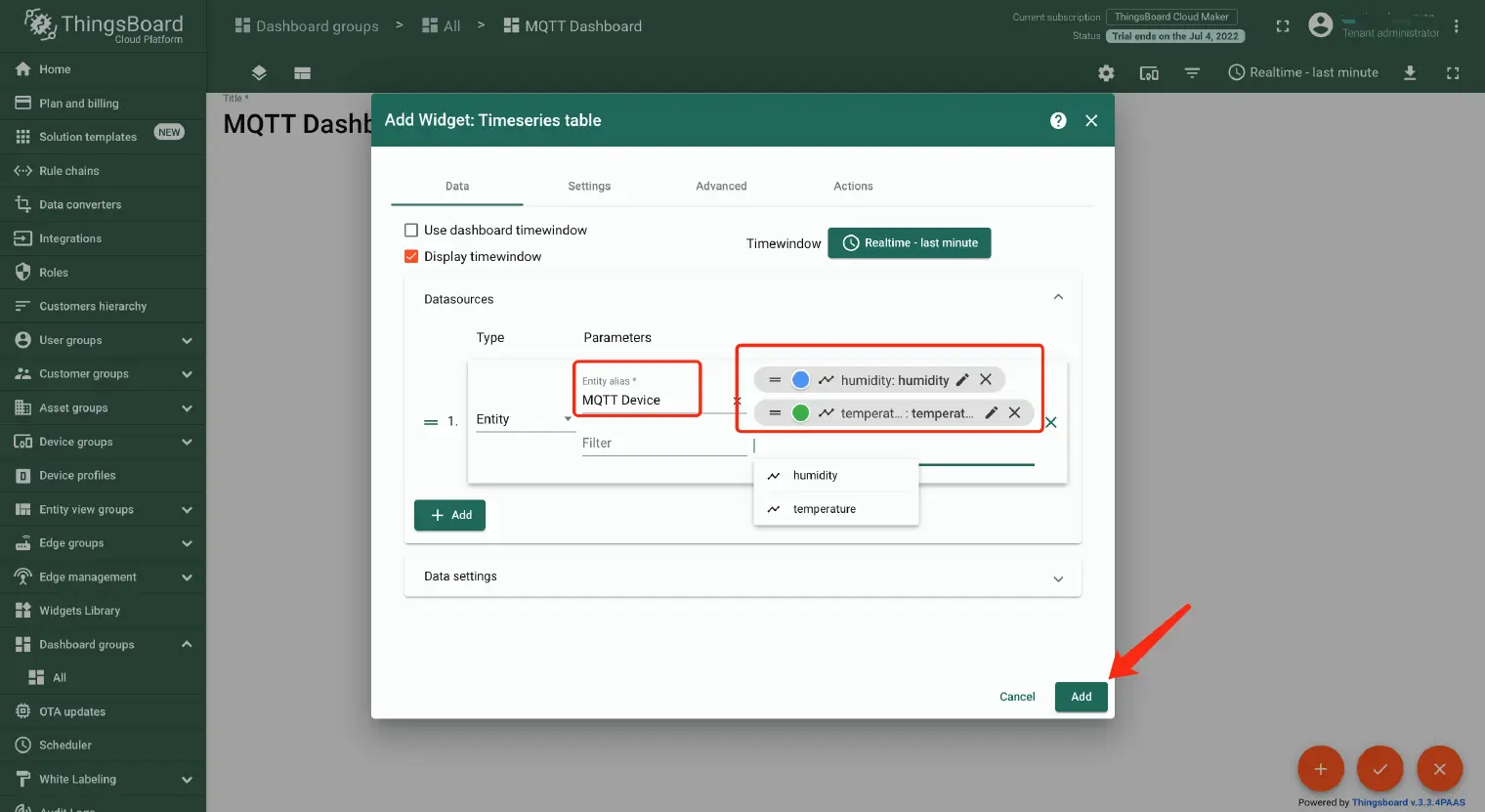 Configure the selected table