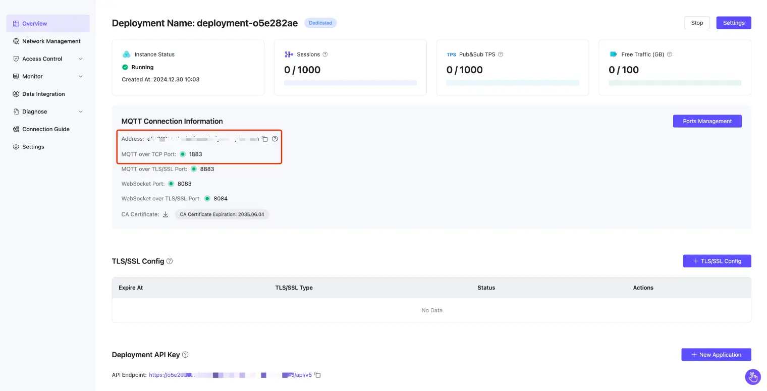 EMQX deployment Overview page