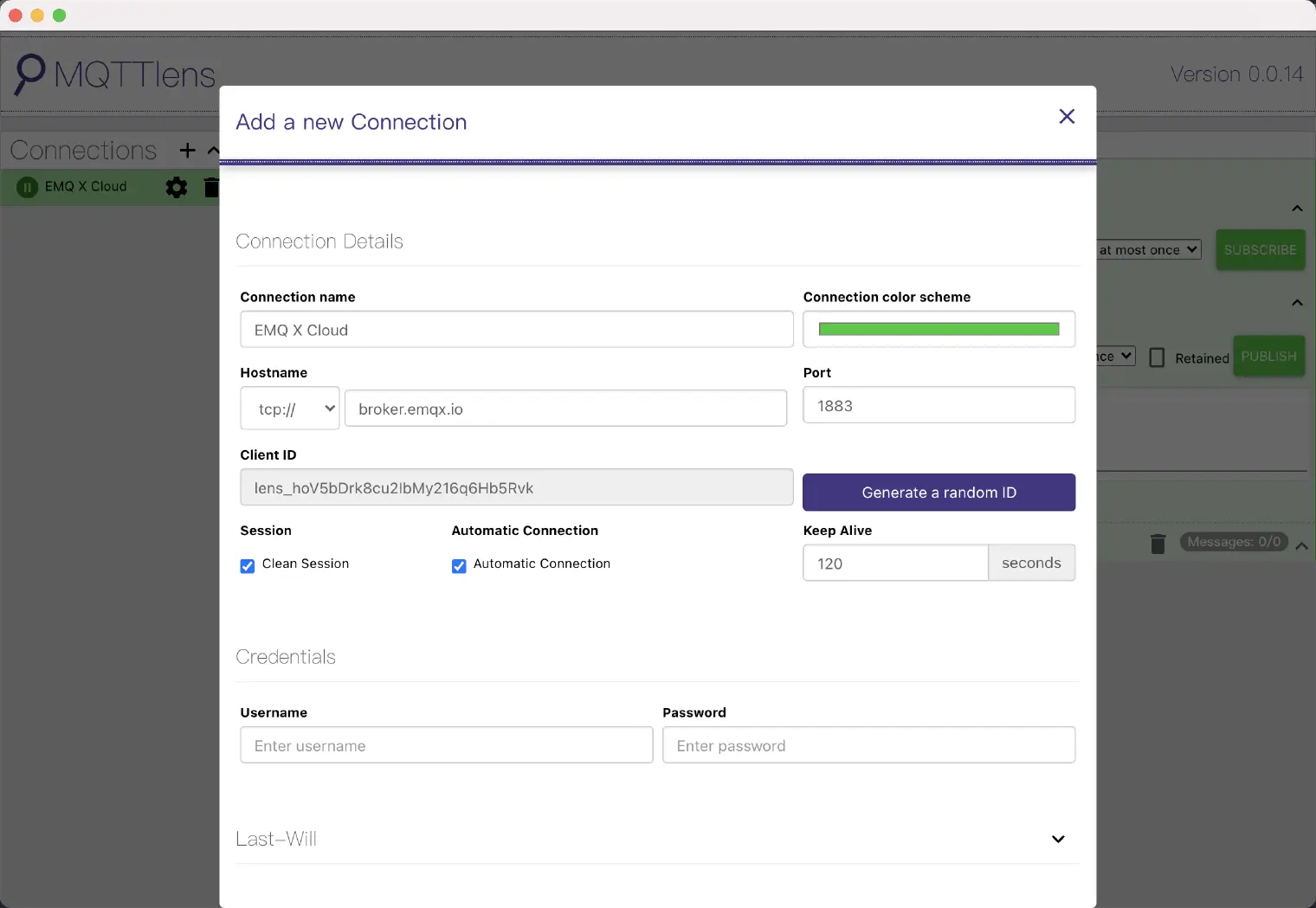 MQTTLens Create a connection