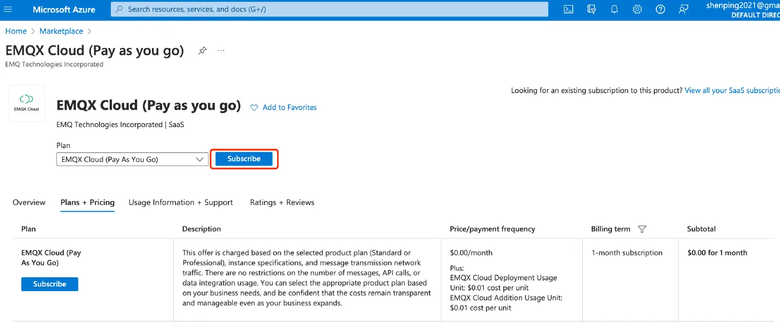 Choose the "EMQX Cloud (Pay As You Go)" Plan