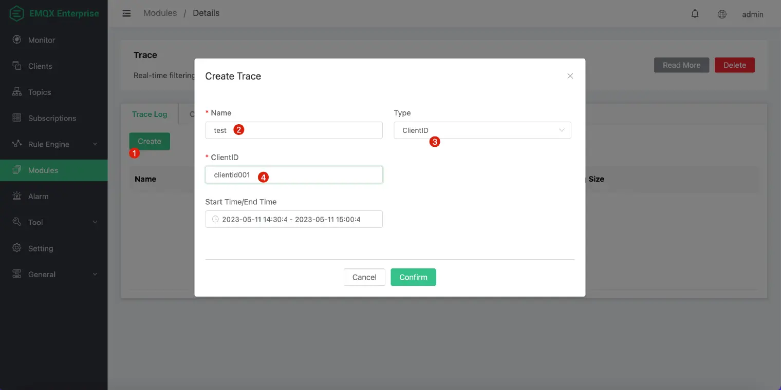 Enable the log trace in the EMQX Dashboard