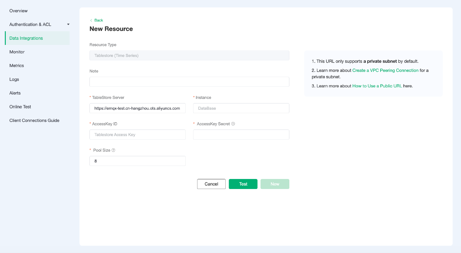 Configuration interface of Tablestore