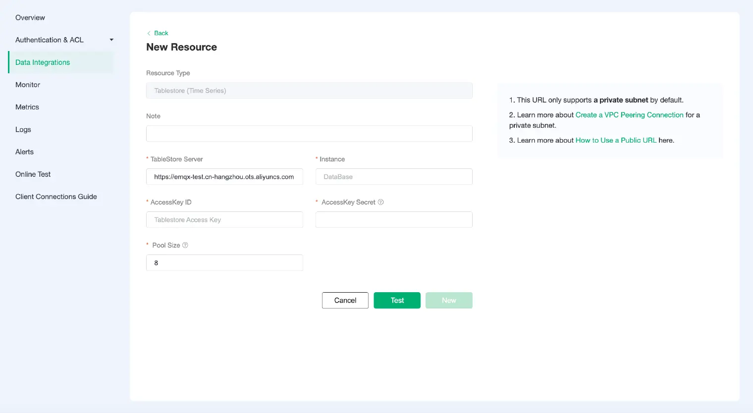 Configuration interface of Tablestore