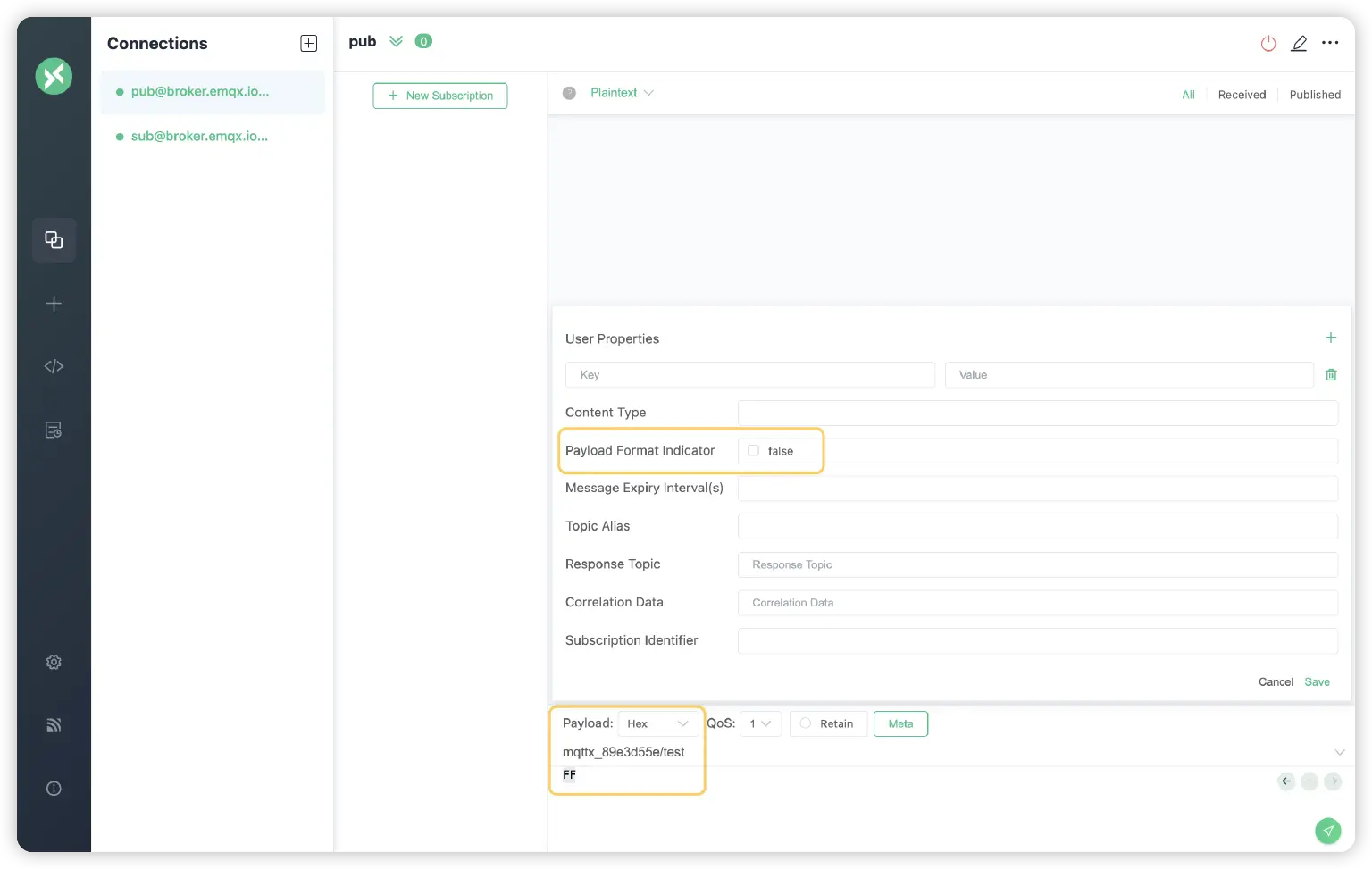 set the Payload Format Indicator to false