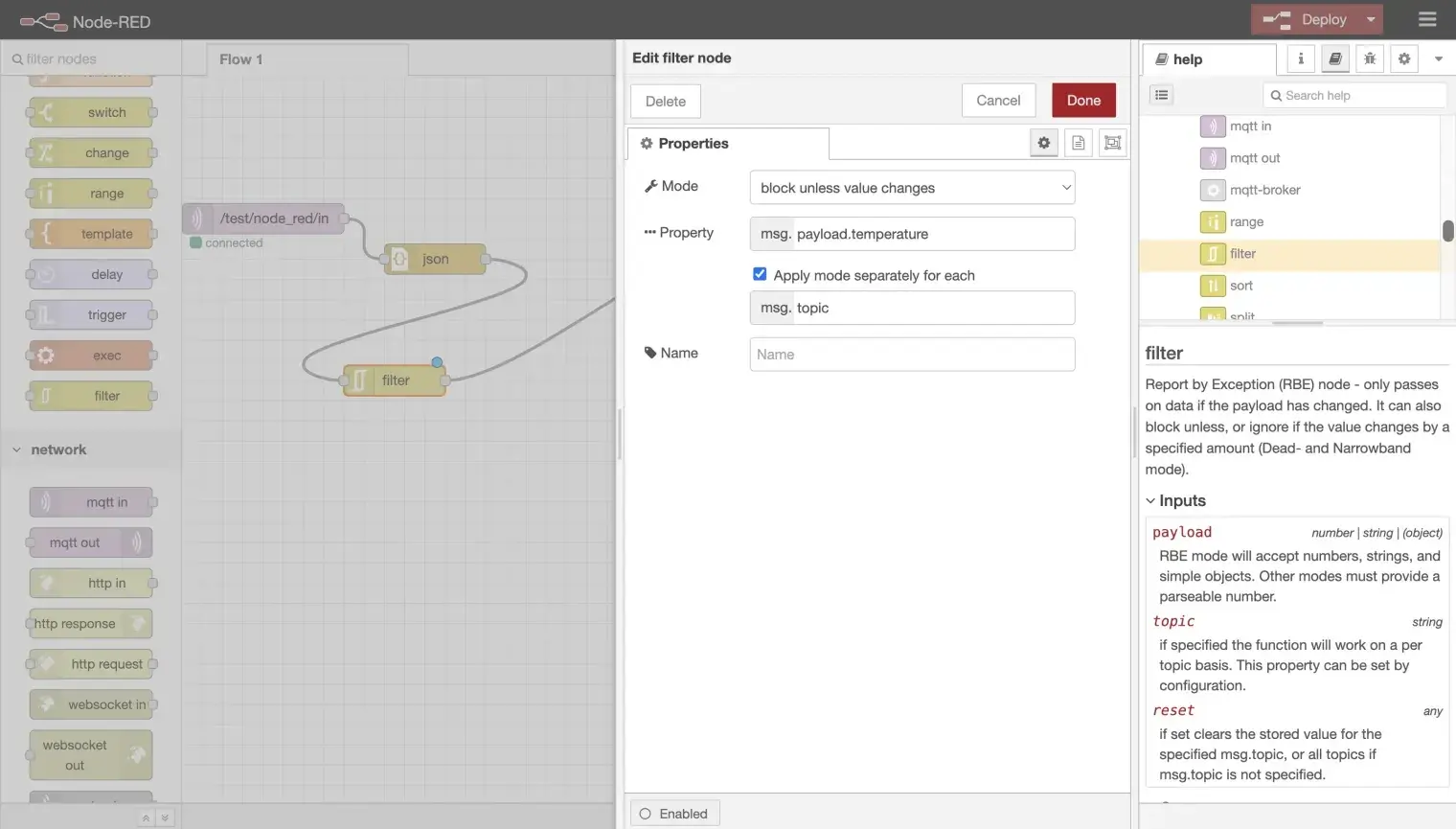 Connect the filter node to the JSON node