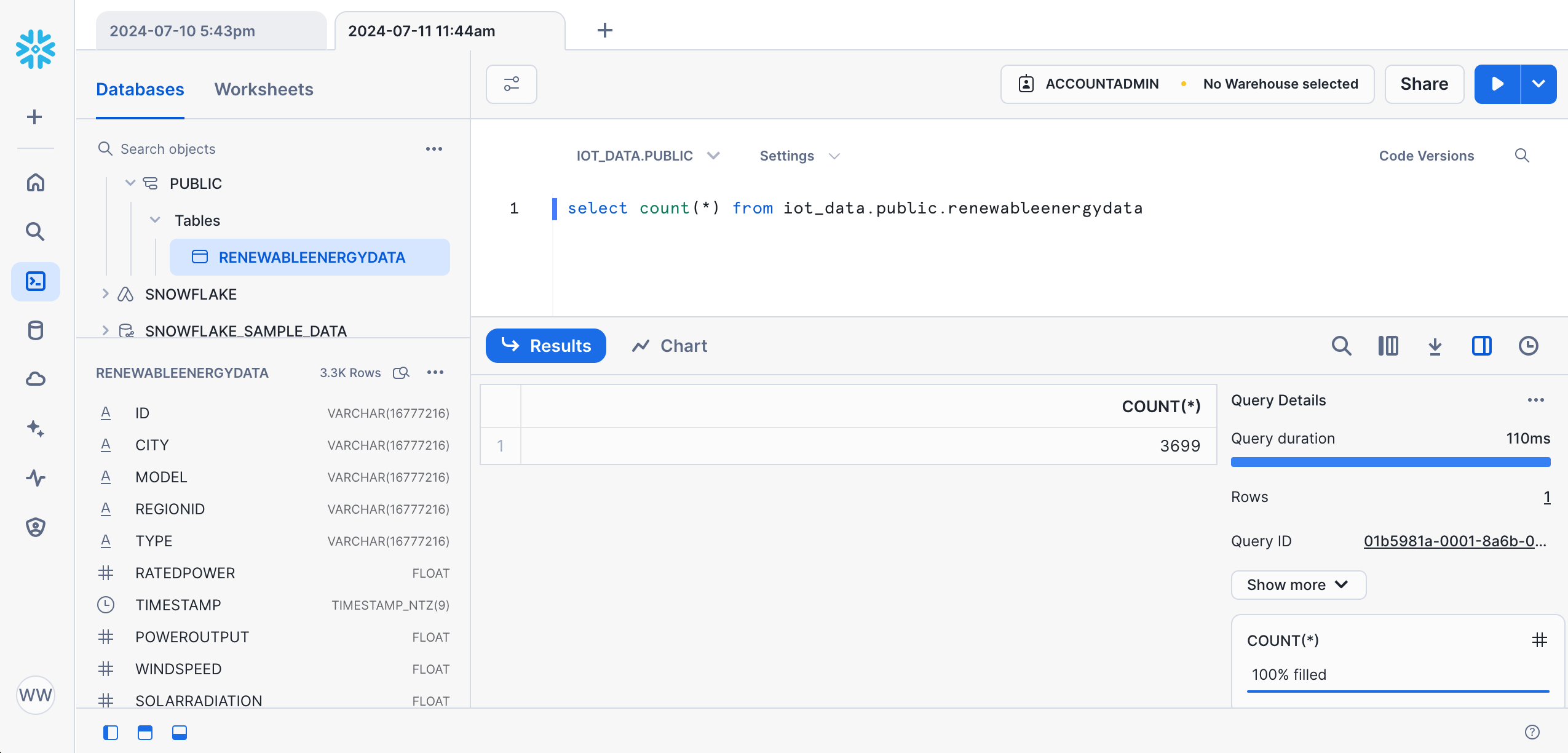 Executing SQL query in Snowflake