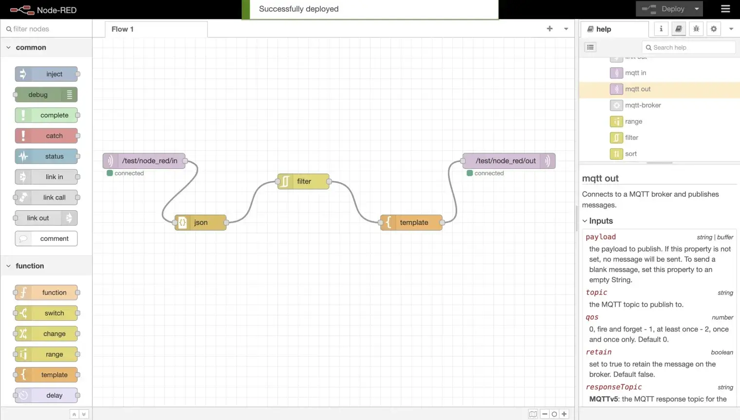 Connect the MQTT-out node to the template node