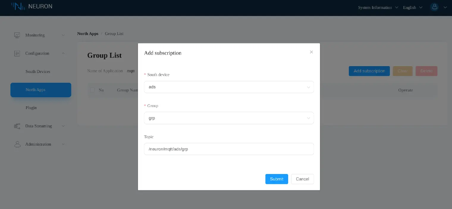 Subscribe the *mqtt* node to the *ads* node