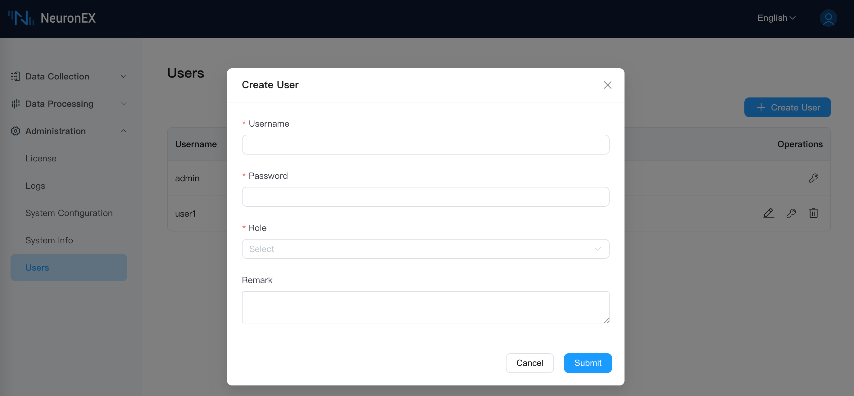 NeuronEX Dashboard: Create User