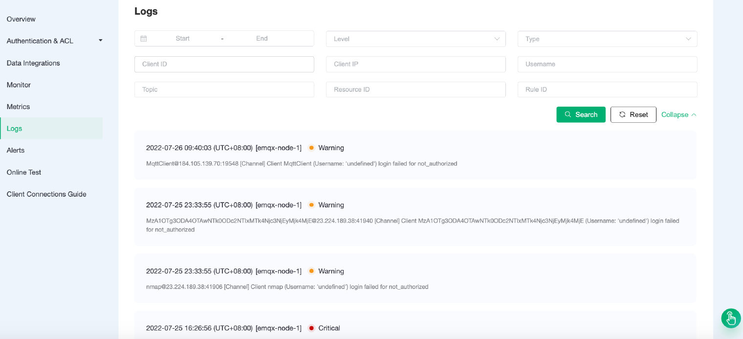 EMQX Cloud Logs interface