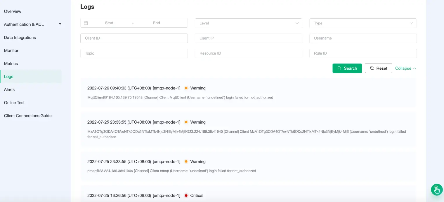 EMQX Cloud Logs interface