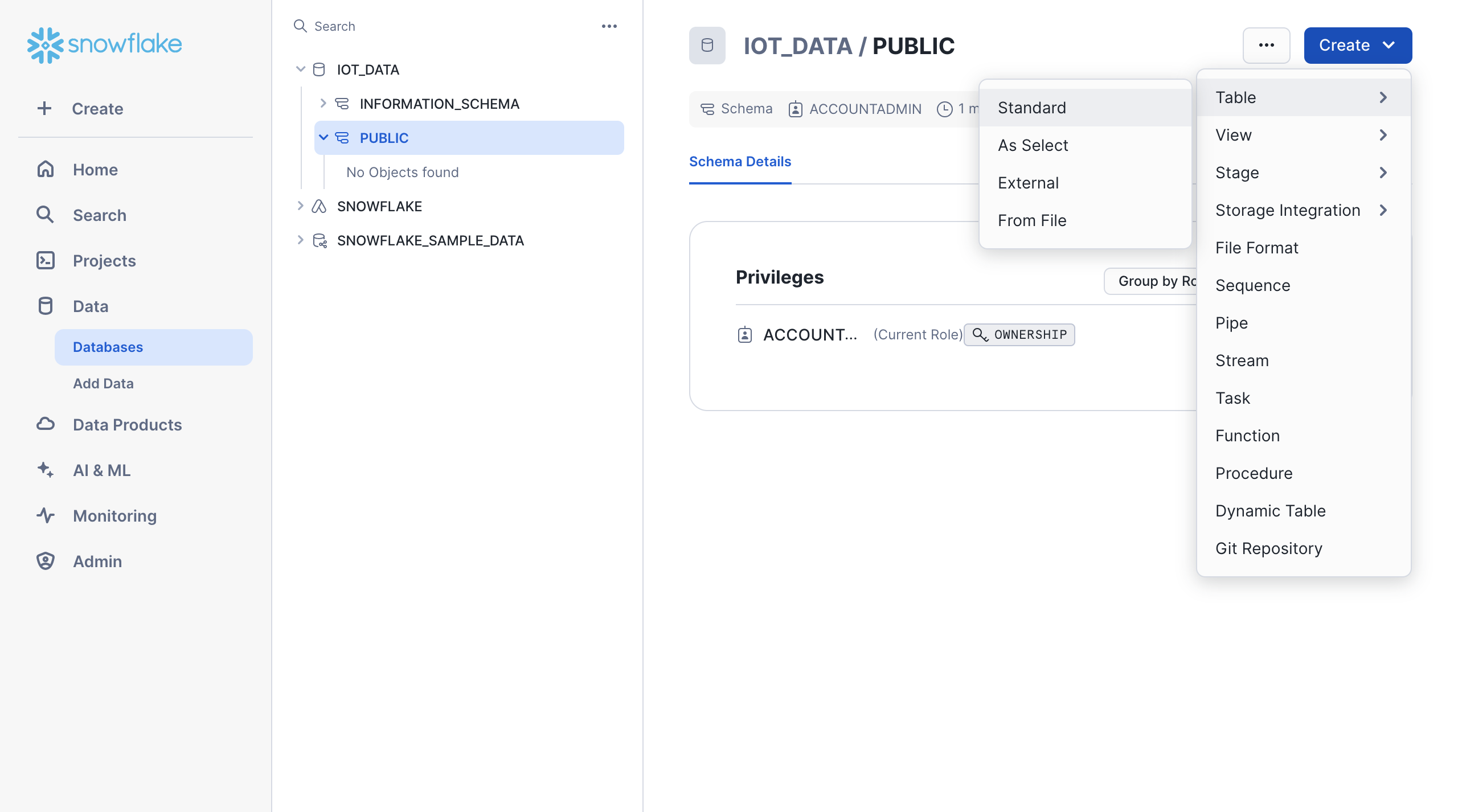 Creating a table under the PUBLIC schema in the IOT_DATA database on the Snowflake console