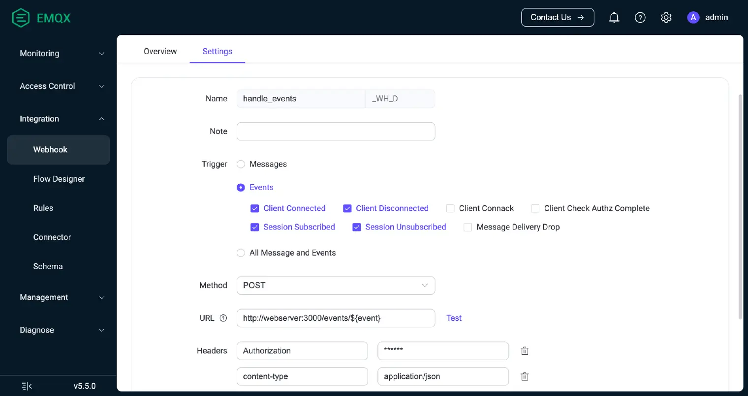 EMQX Webhook Settings