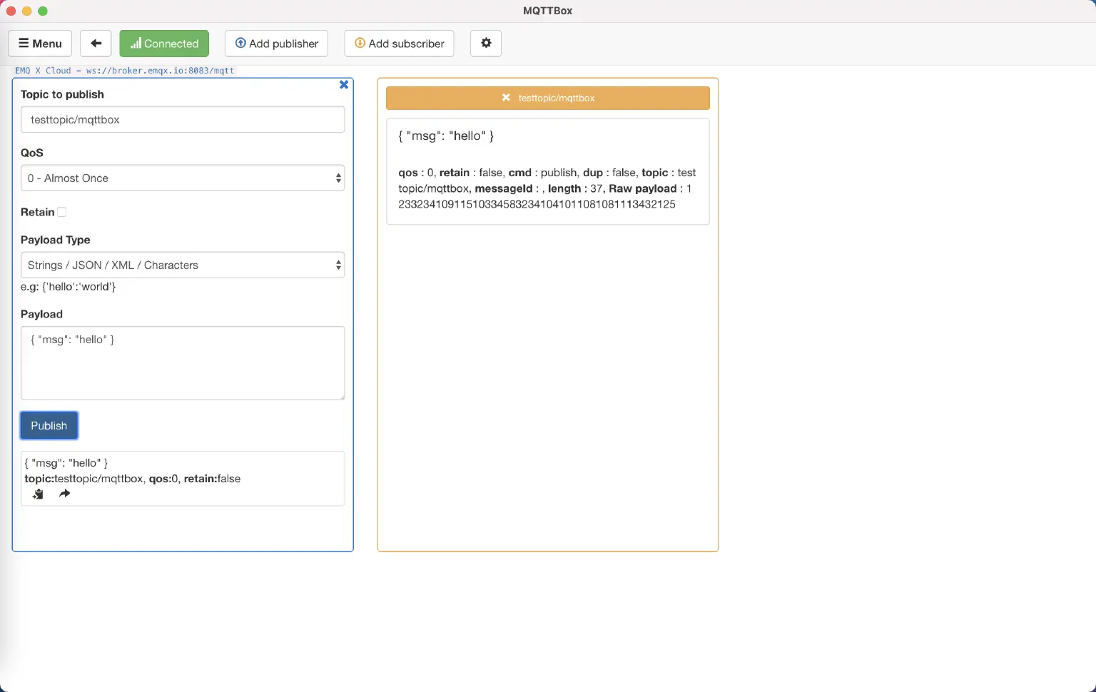 MQTTBox 消息发布