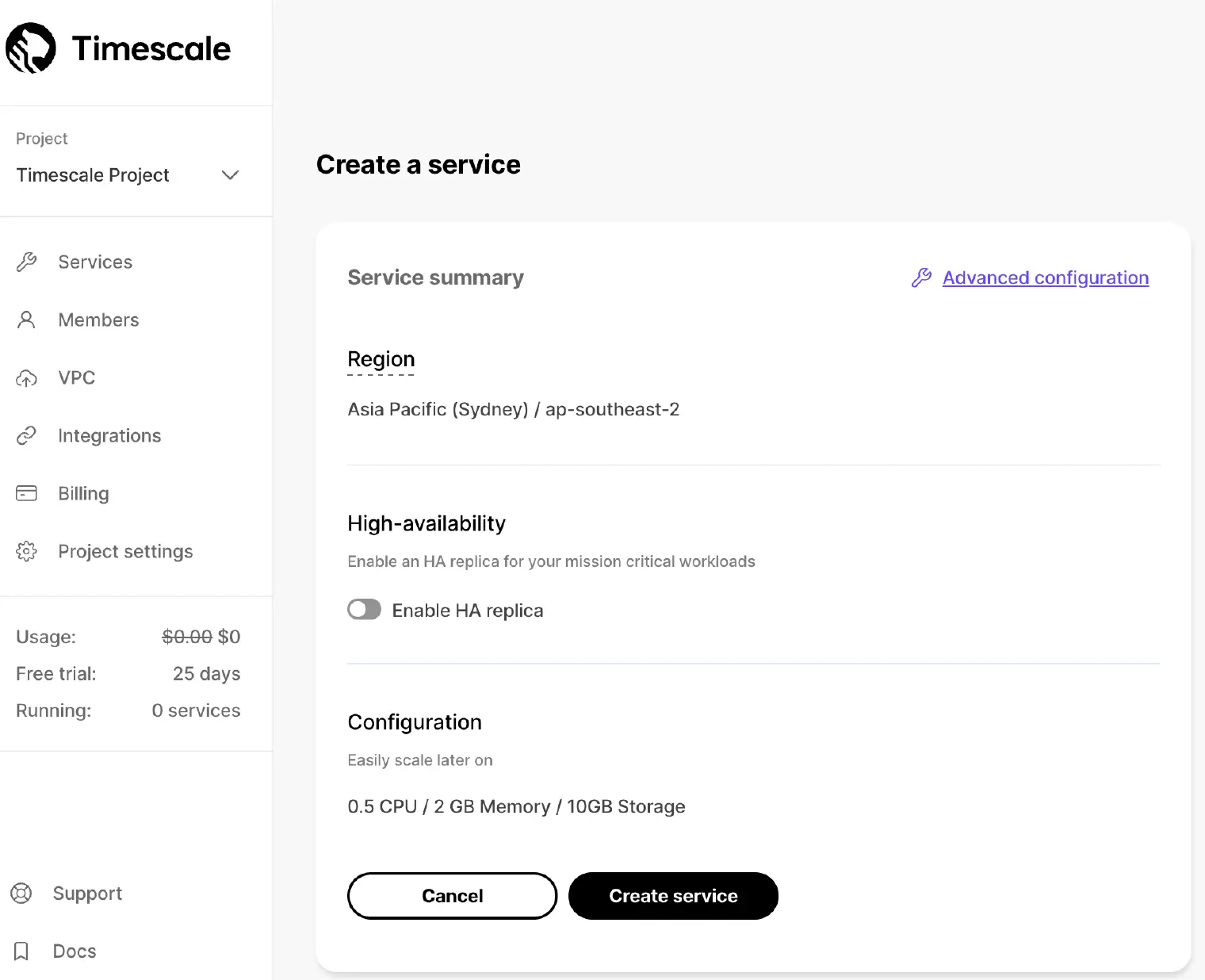 Create a Timescale Service