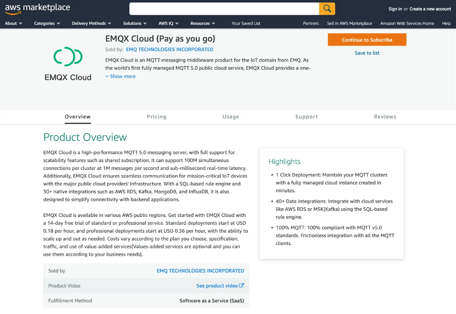 EMQX Cloud SaaS 服务上架 AWS Marketplace