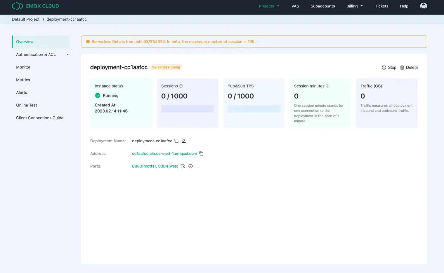 MQTT Serverless Deployment Overview Page