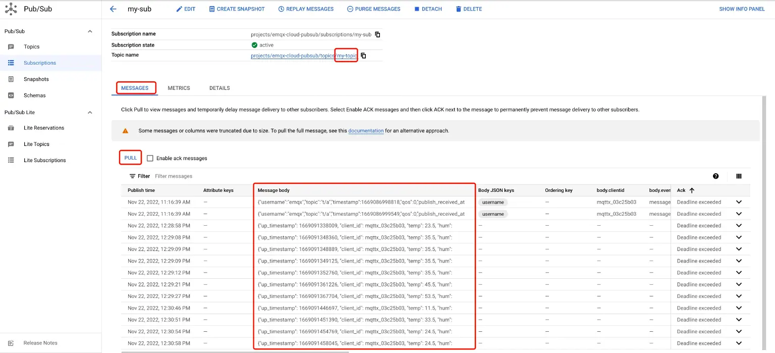 View results in GCP Pub/Sub console