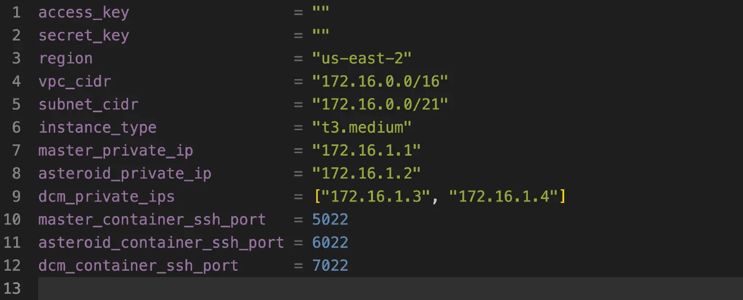 Update deployment parameters in the `terraform.tfvars` file.