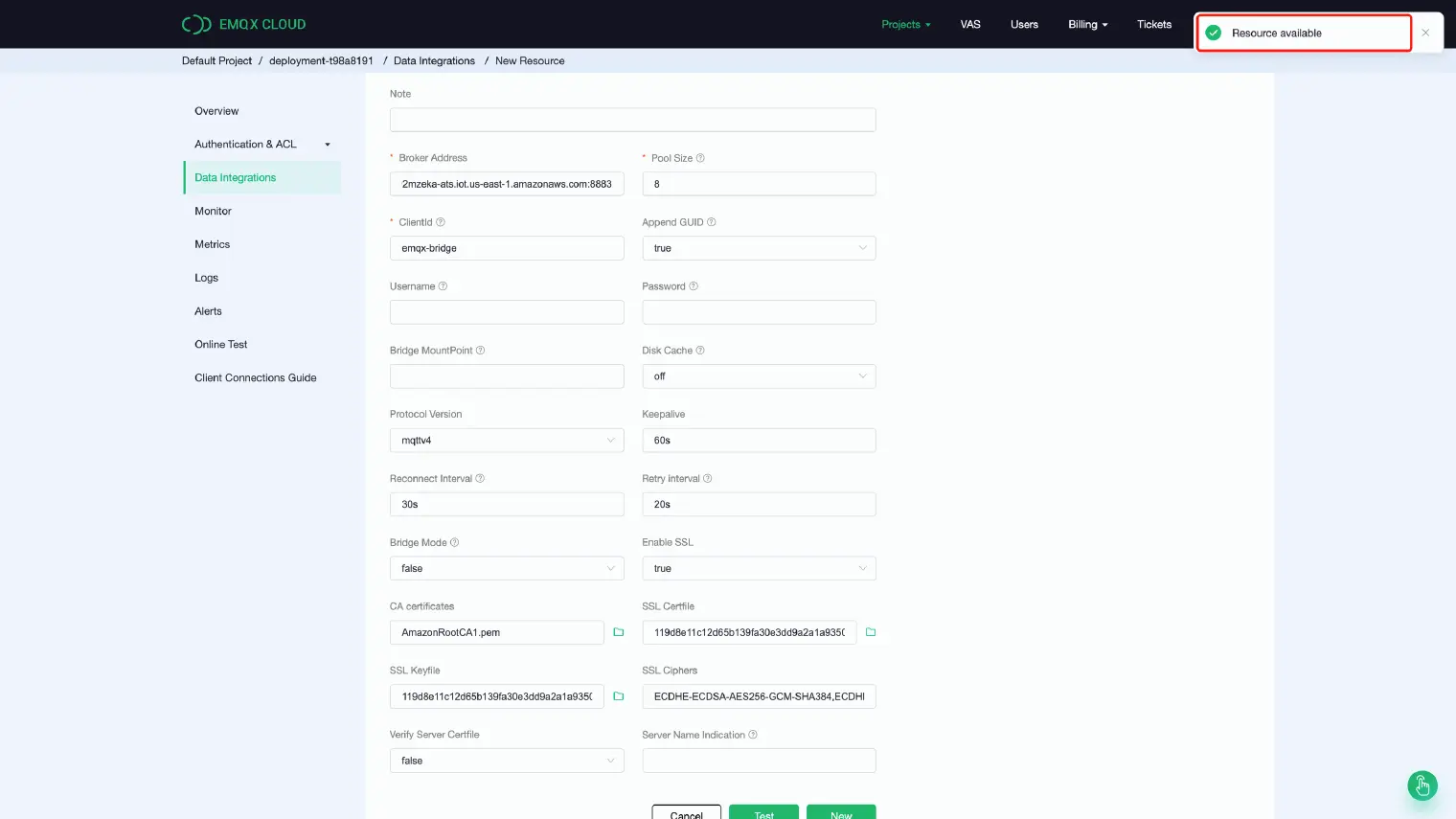 Fill in the resource details for AWS IoT