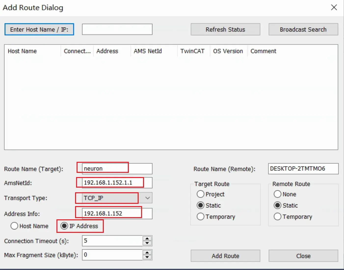 Add Route Dialog