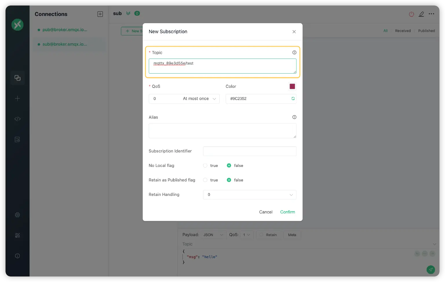 MQTTX 创建名为 sub 的客户端