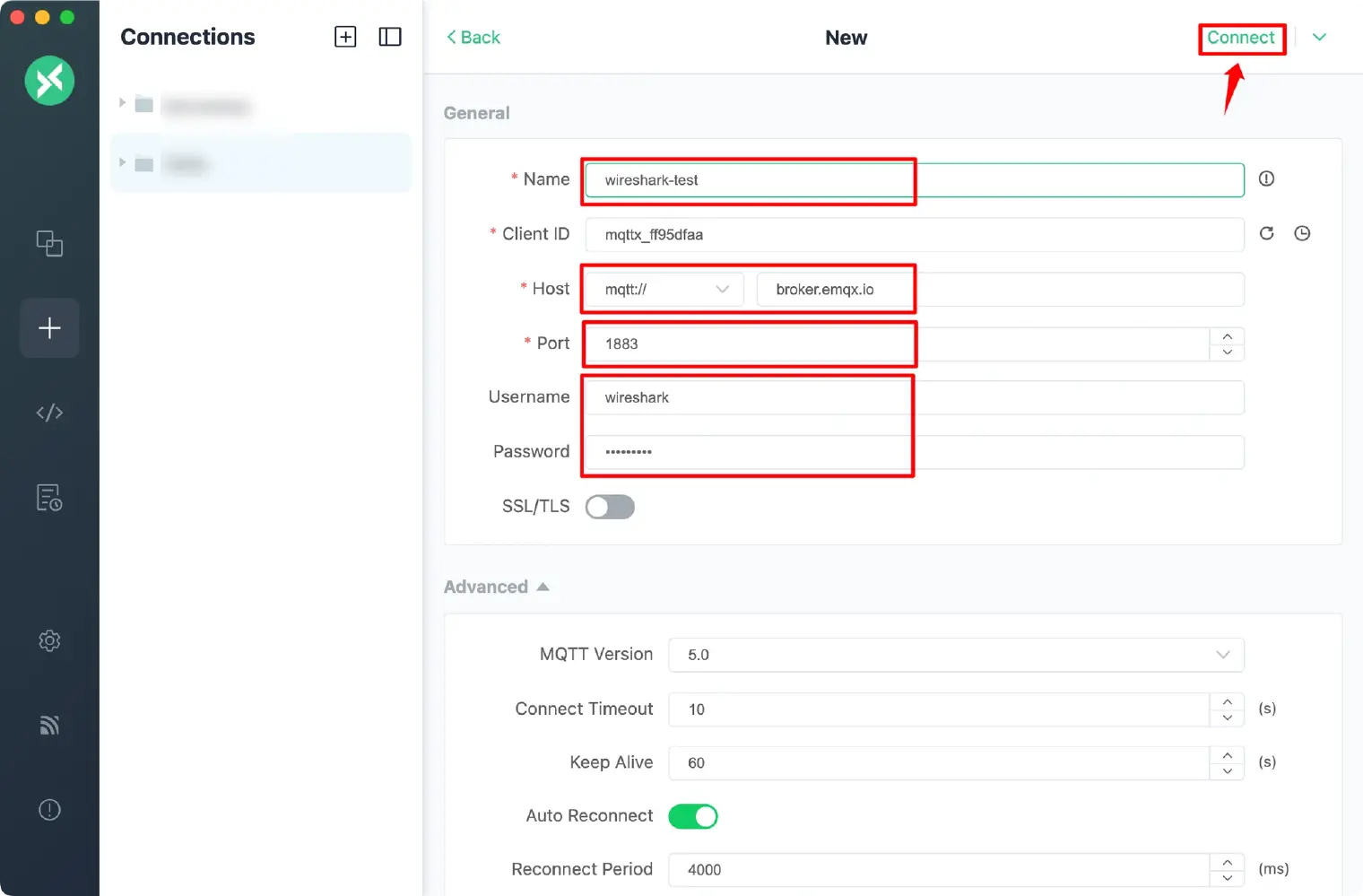 Fill in the MQTT Broker information