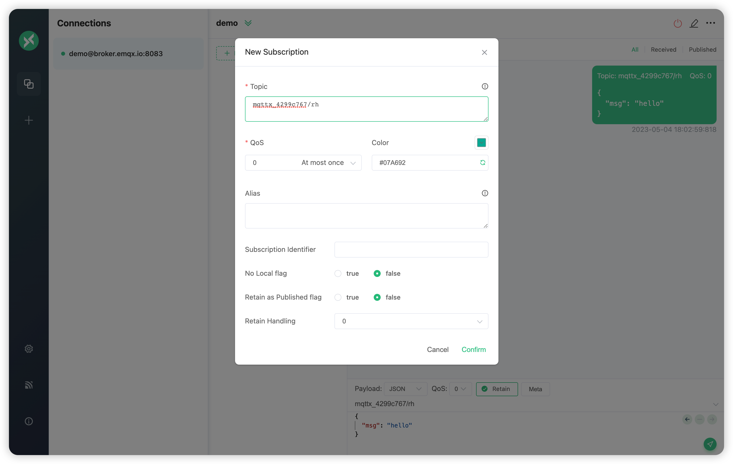 Publish a retained message to the topic "mqttx_4299c767/rh"