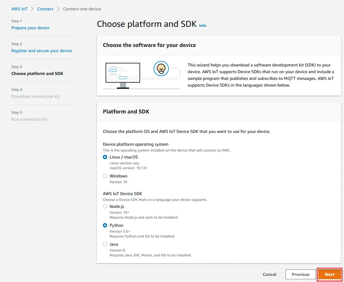 Choose platform and SDK section