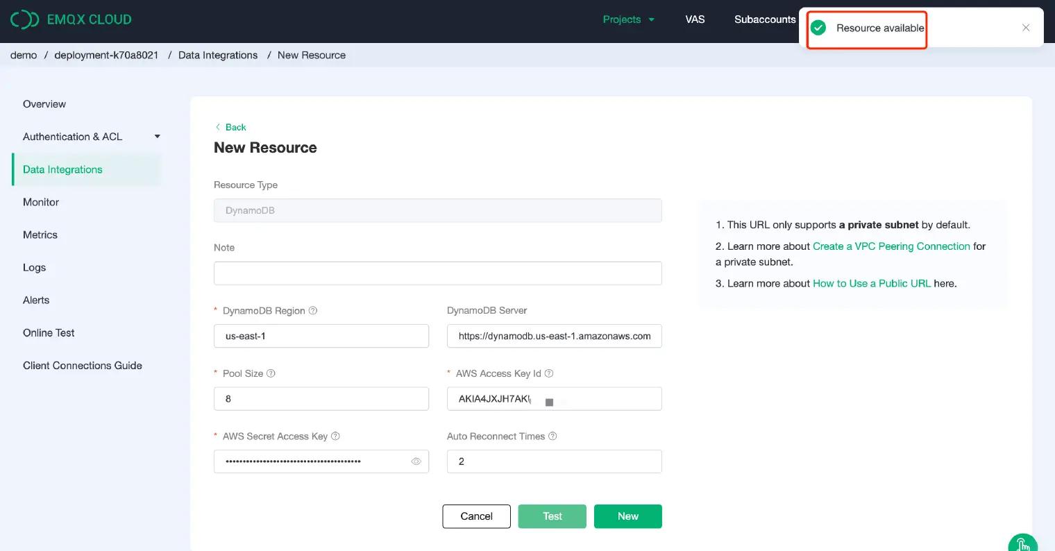 Fill in the DynamoDB connection details