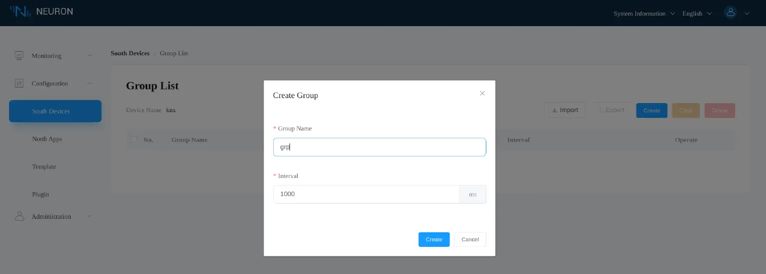 Create a group in the *knx* node