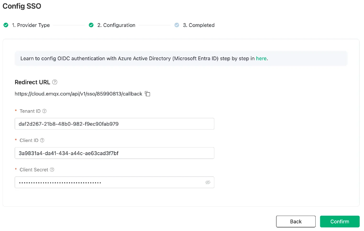 Config Tenant ID, Client ID and Client Secret in EMQX Cloud