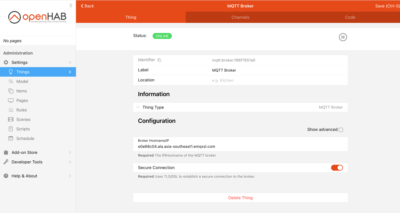 MQTT Broker successfully linked with openHAB