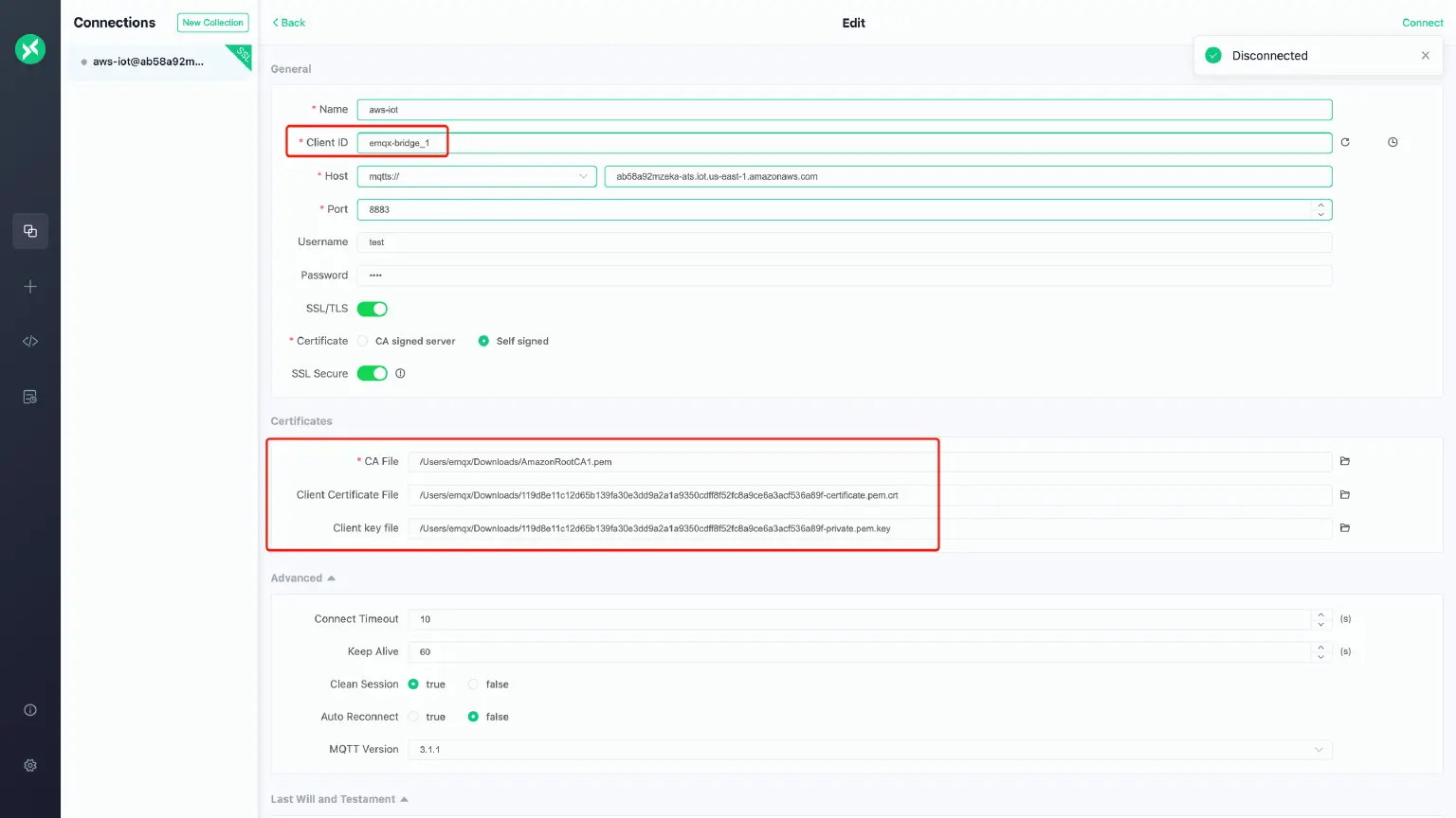 Connect to AWS IoT using MQTTX
