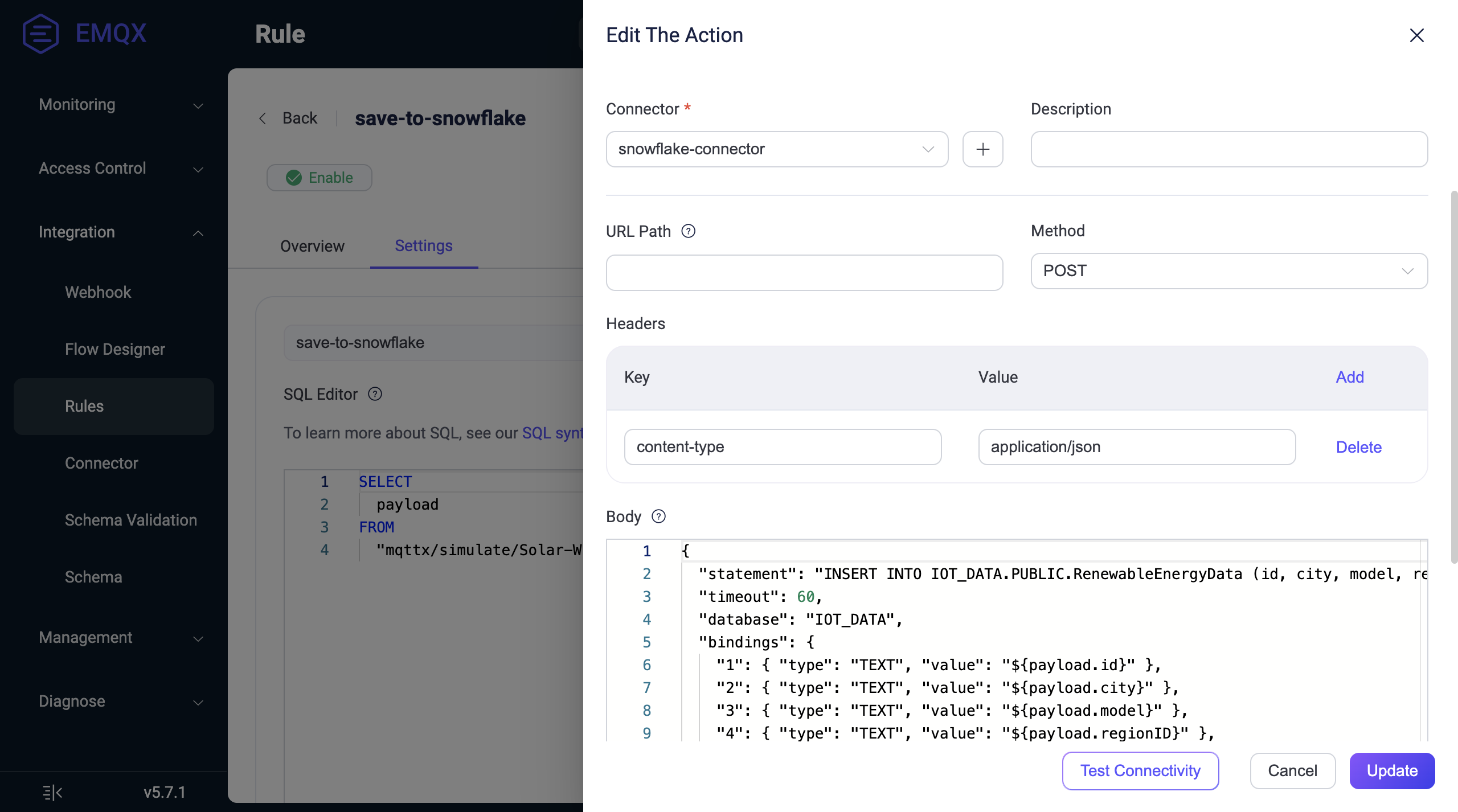 Diagram illustrating the setup of EMQX HTTP Action with Snowflake REST API