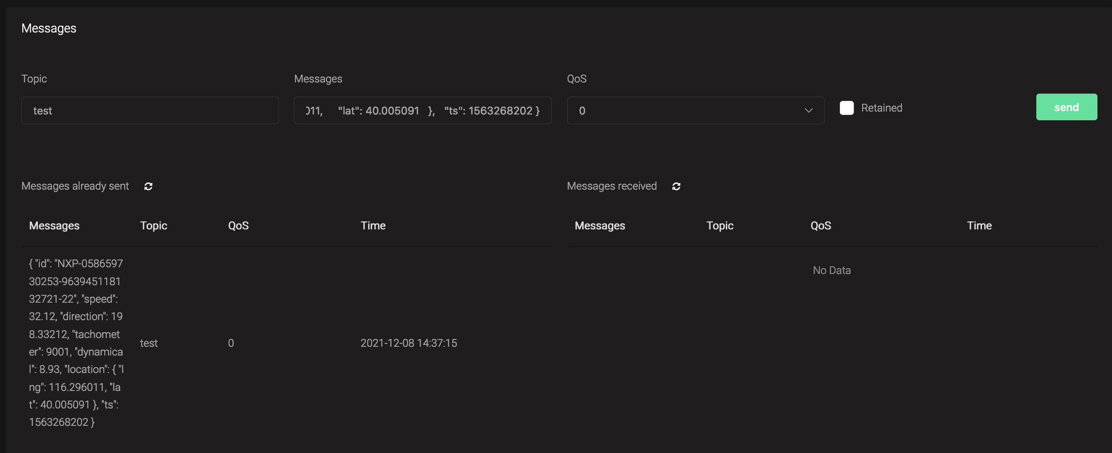 EMQX DashBoard send data