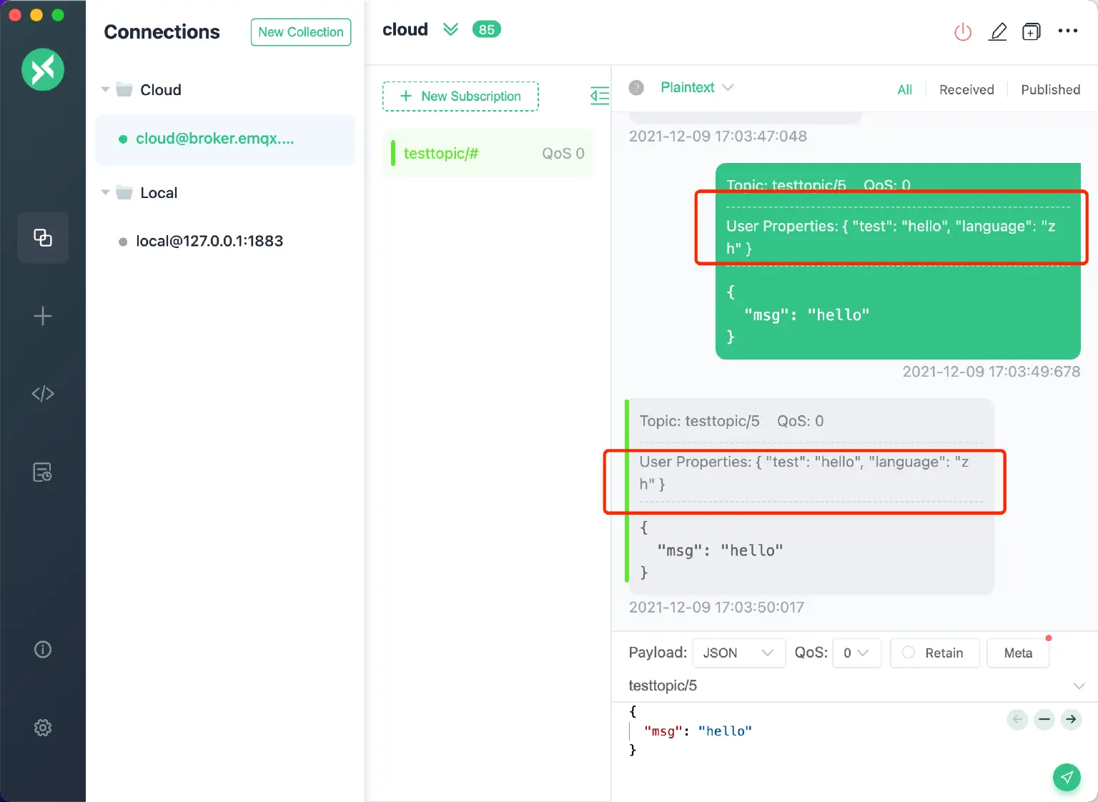 message box contains the user properties