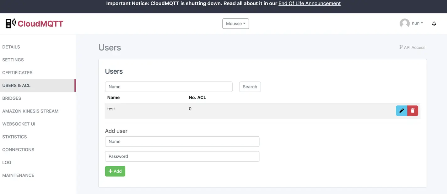 Add User & ACL Rule in CloudMQTT