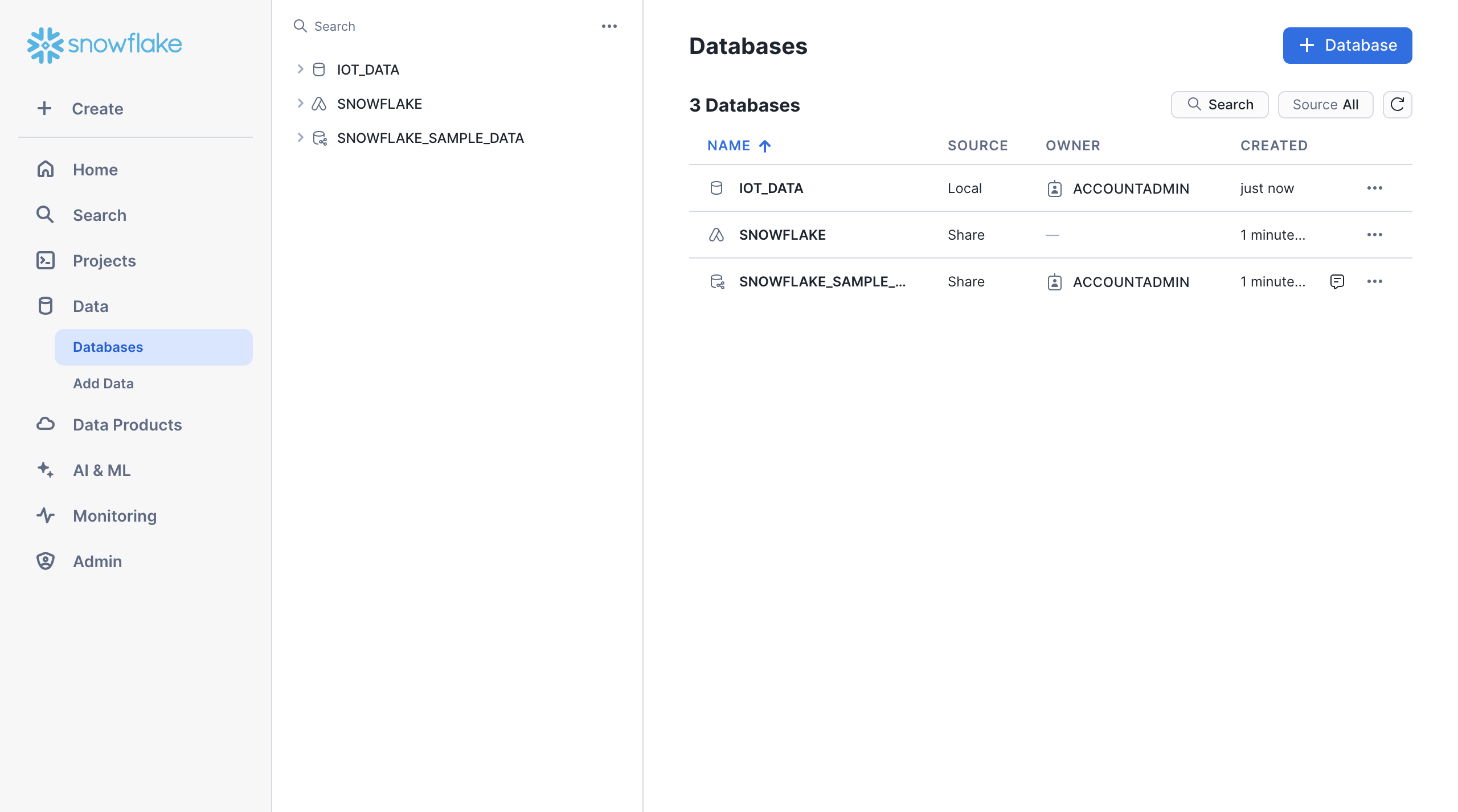 Creating a new database named IOT_DATA on the Snowflake console