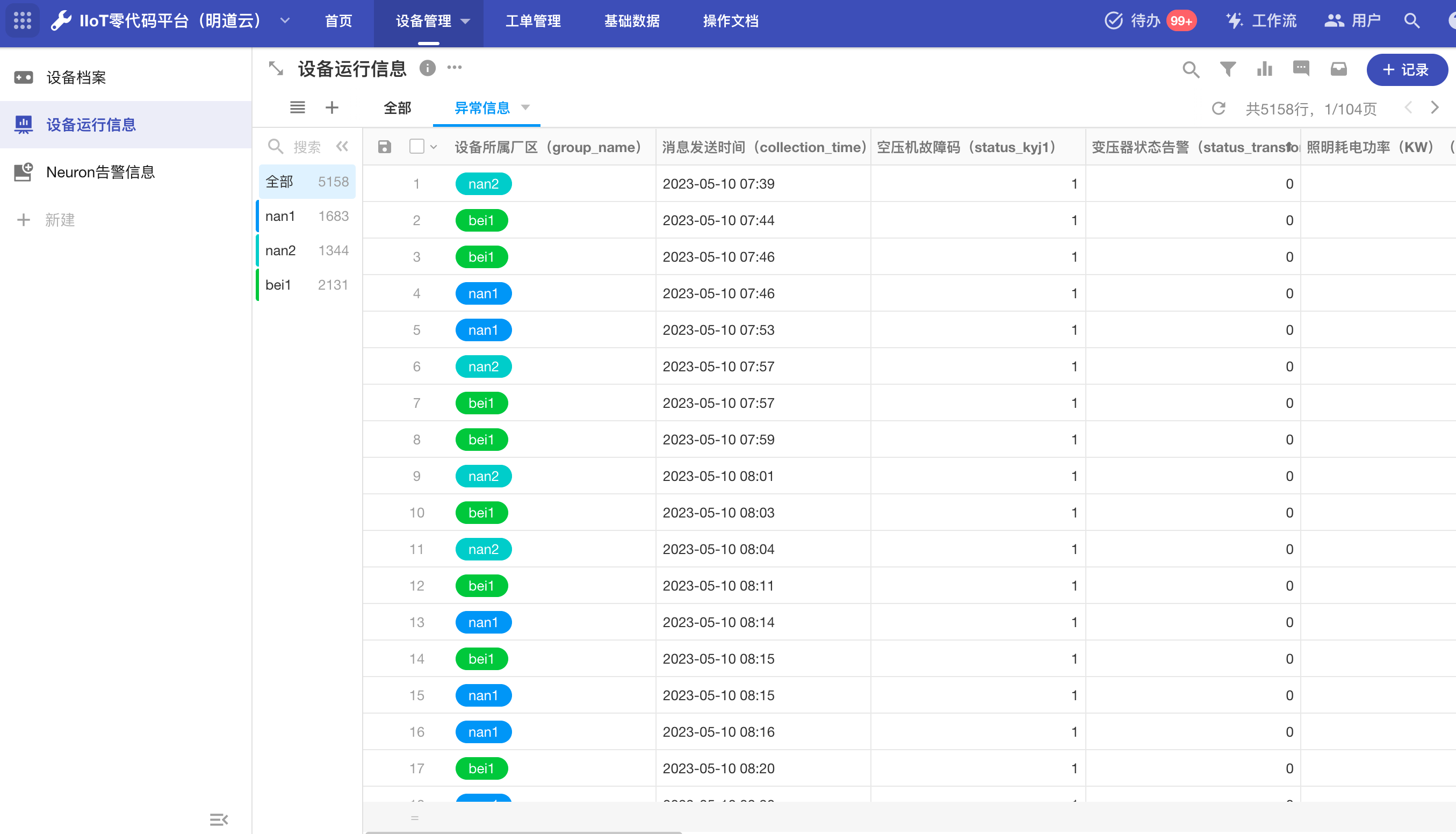 设备运行异常信息